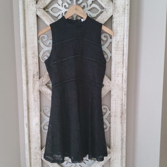 Francesca's Women's Sleeveless Lace Mock Neck Fit & Flare Mini Dress in Black - Picture 6 of 13